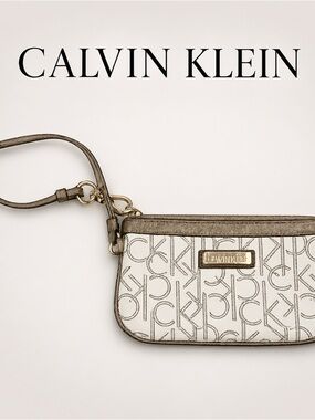 Calvin Klein Wristlet Monogram Beige Brown Zip Pouch Wallet